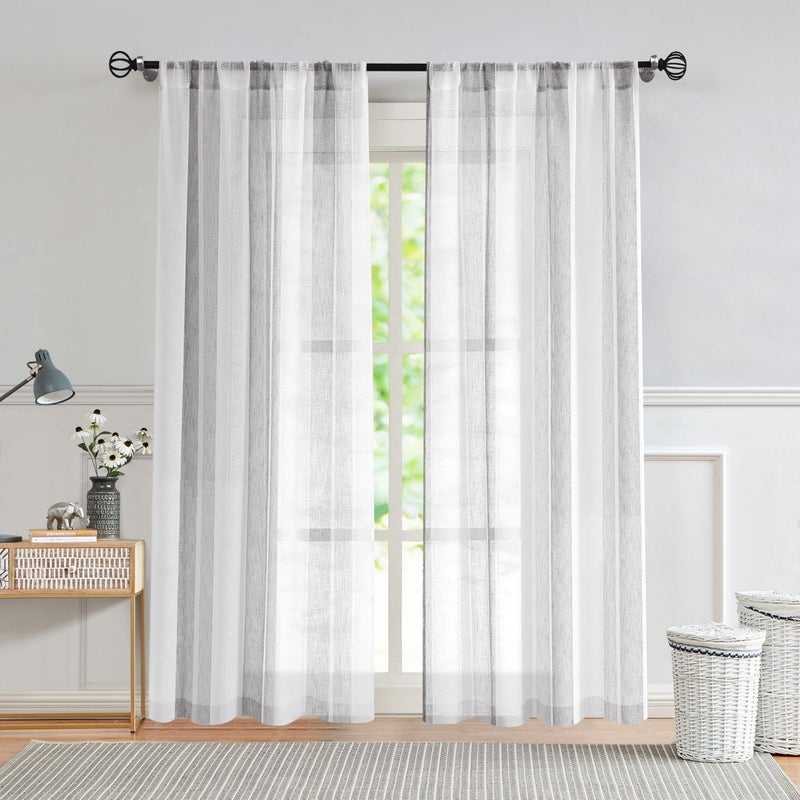 Central Park Sheer Gray and White Stripe Farmhouse Curtains Boucle Linen Window Curtain Panel Pairs Yarn Dyed Woven 84 Inches Long for Living Room Bedroom 2 Pack Rod Pocket Rustic Living Panels - Image 1